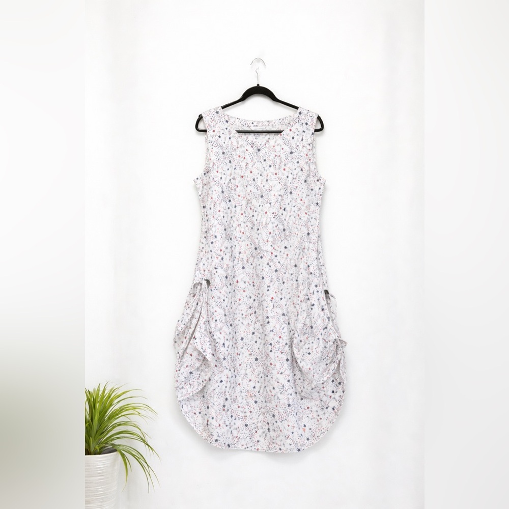 White Star Print Sleeveless Midi Dress XL Coastal Cottage Summer Cotton